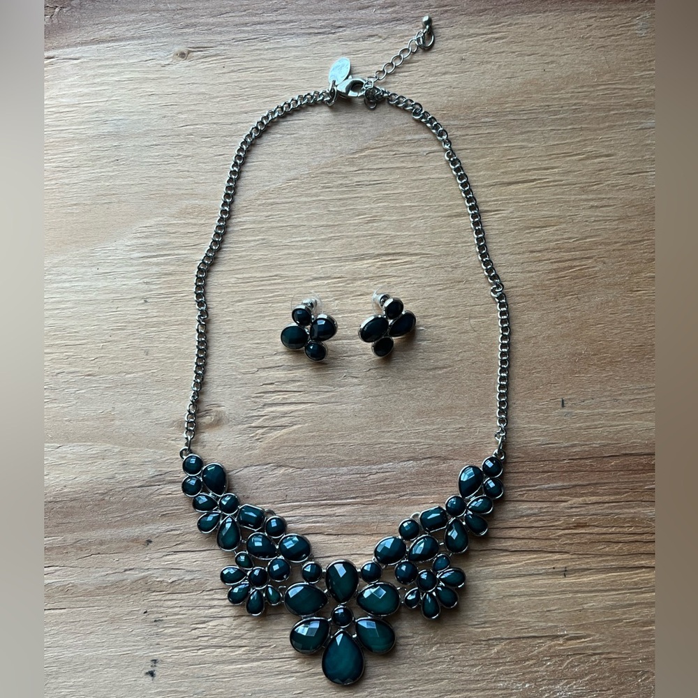 Women's Teal Floral Statement Necklace and Stud Earrings